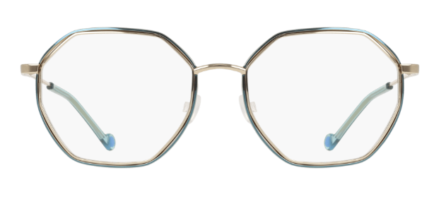 Round gold metal optical frames with kelly green temples and blue nose pads