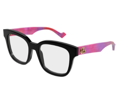 Black acetate rectangular eyeglasses with thick frames and gold GG logo detail