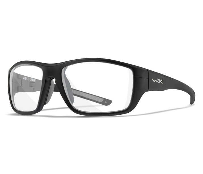 Matte black acetate rectangular eyeglass frames with gray accents on temples