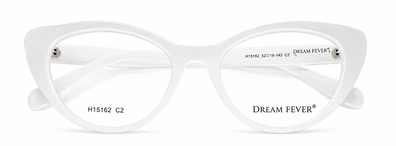 White cat-eye optical frames with acetate construction and metal accents