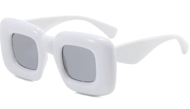 White acetate oversized square sunglasses with thick frames and gray lenses