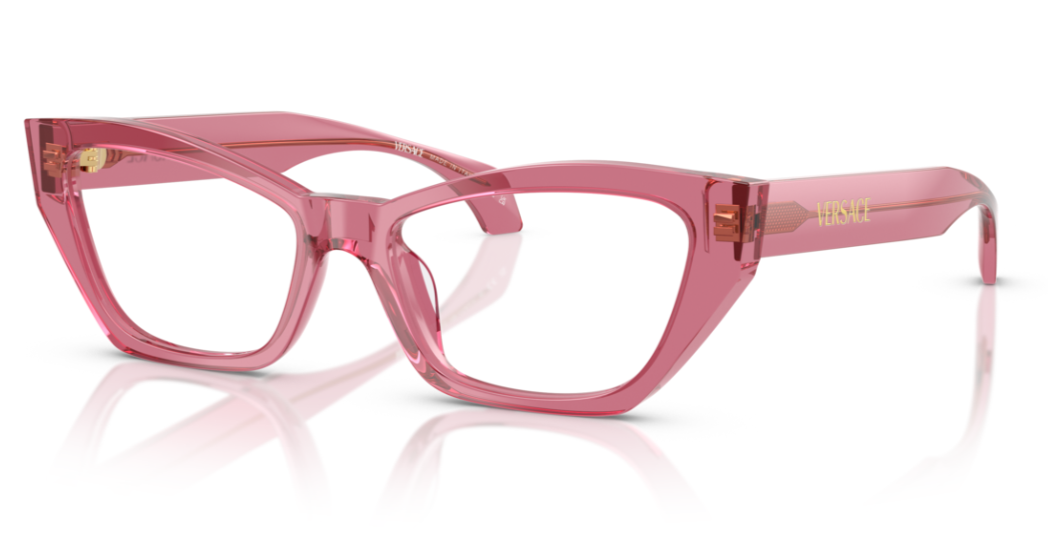 Transparent pink acetate cat-eye optical frames with angular design