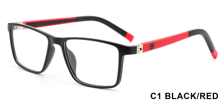 Black rectangular TR90 kids frames with red temple accents and modern sporty design