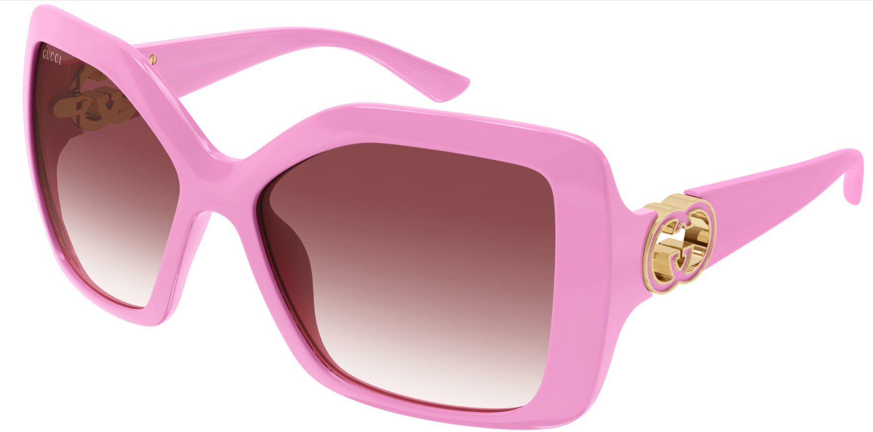 Pink oversized square acetate sunglasses with gradient brown lenses and gold hardware