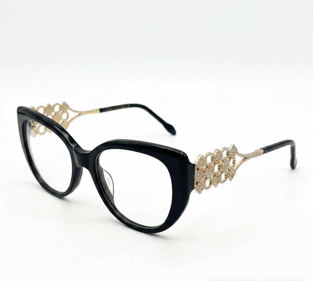 Black cat-eye optical frames with gold geometric metal temple details