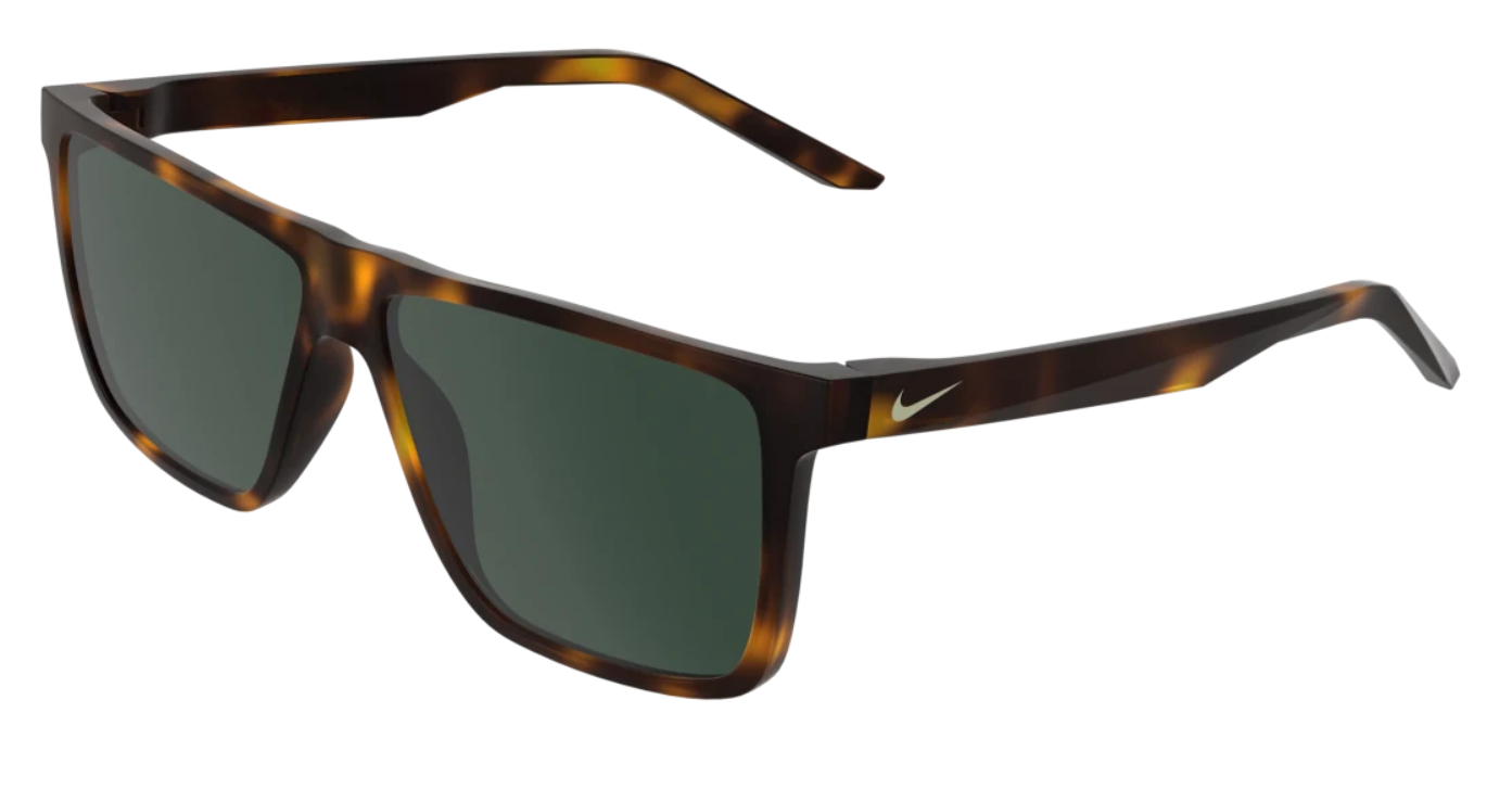 Matte tortoise rectangular acetate sunglasses with dark green lenses and Nike logo detail
