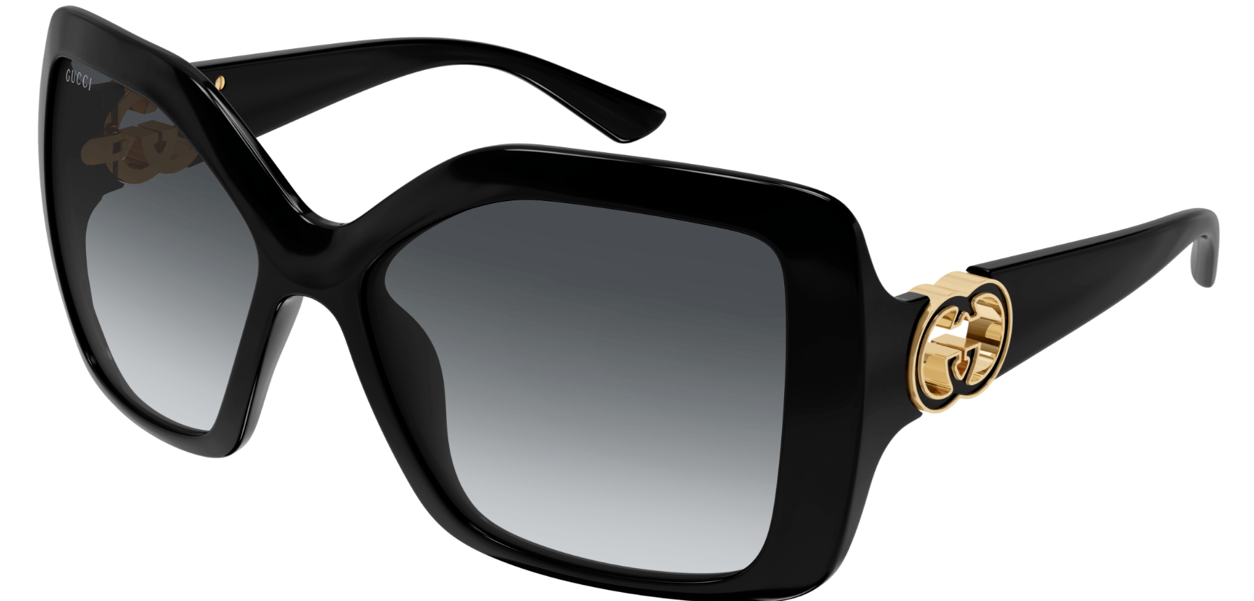 Black acetate oversized irregular sunglasses with gold GG logo temples and gradient grey lenses