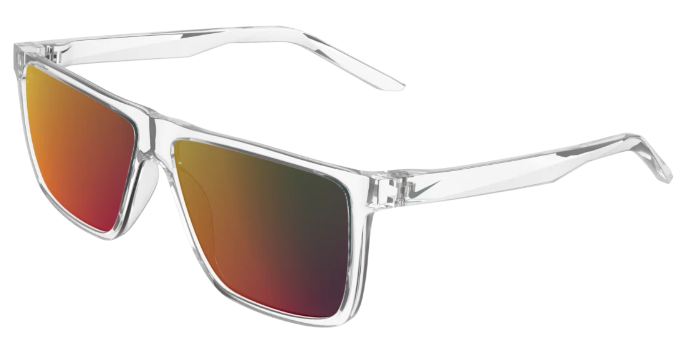 Clear acetate aviator sunglasses with polar red gradient lenses, rectangular frame shape