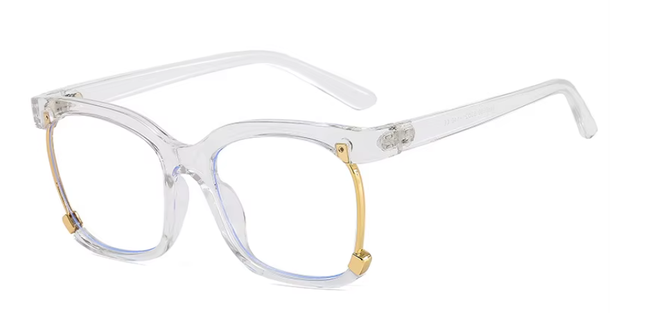 Clear square acetate optical frames with gold-tone metal accents and temples