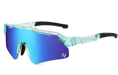 Mint-green acetate shield sunglasses with blue mirrored lenses and black temples, kids sports style