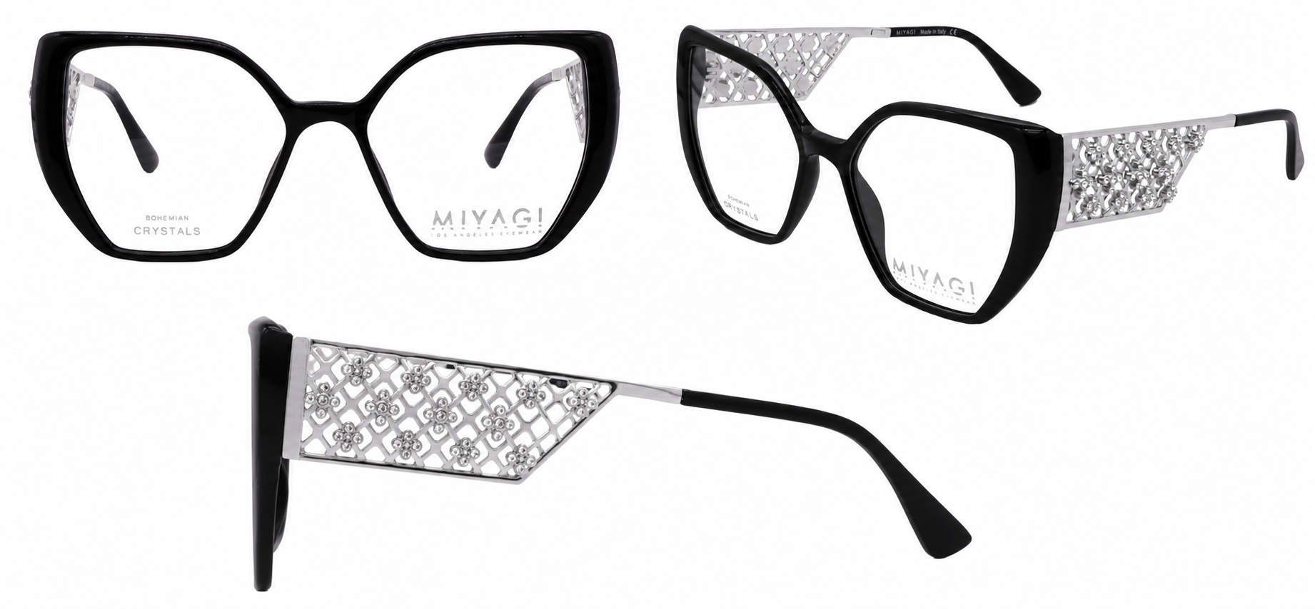 Black oversized geometric optical frames with patterned temple details, Miami 2710 model