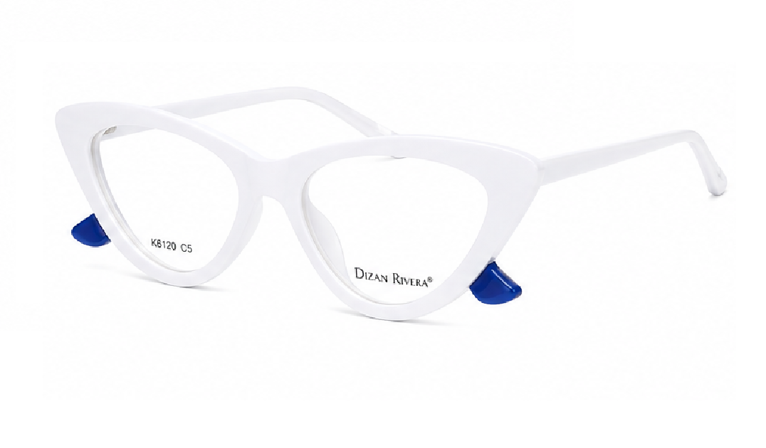 White cat-eye optical frames with cobalt blue temple accents, acetate and metal combo construction