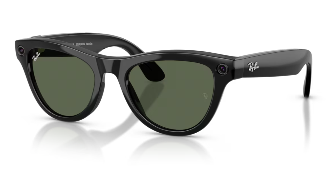 Shiny black acetate round sunglasses with green-tinted lenses, Ray-Ban style