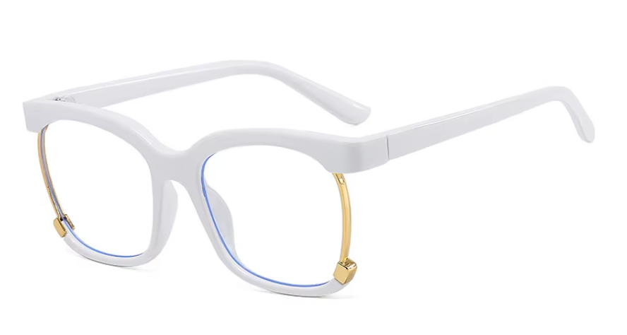 White square optical frames with gold and blue metal accents, vintage-inspired design