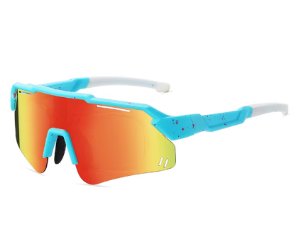 Blue and gray acetate shield sunglasses with orange-yellow gradient mirrored lenses, designed for kids and teens