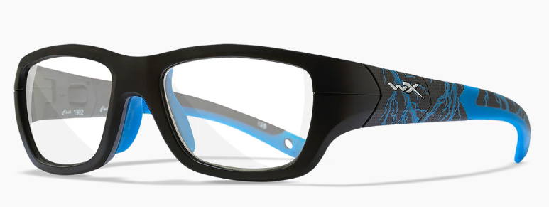 Black and royal blue rectangular acetate kids' optical frames with blue temple accents