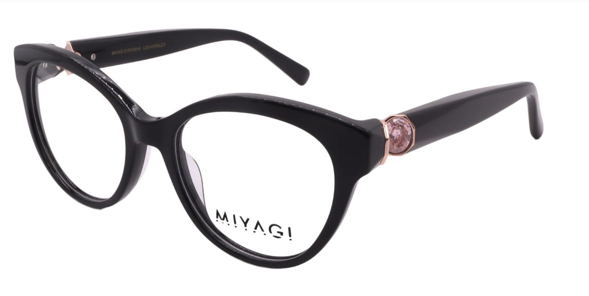 Black acetate cat-eye optical frames with rose crystal temple accents, Miyagi Estrella model