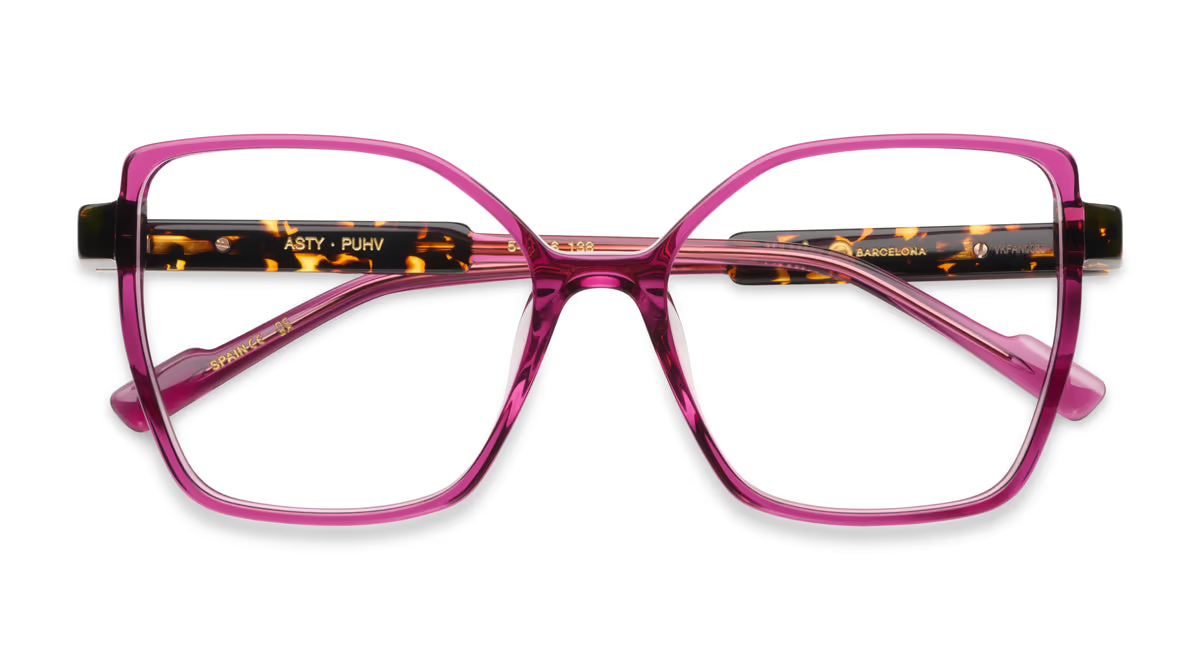 Violet rectangular eyeglasses with tortoiseshell temples, acetate frame, front view