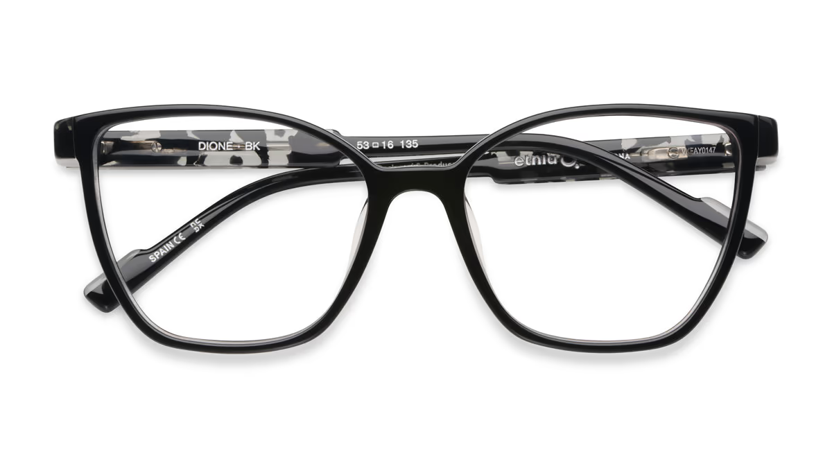 Black rectangular acetate eyeglasses with patterned inner temples, Etnia Barcelona Dione model