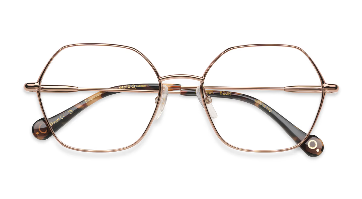 Brown metal and tortoiseshell acetate irregular geometric eyeglasses with mixed material construction