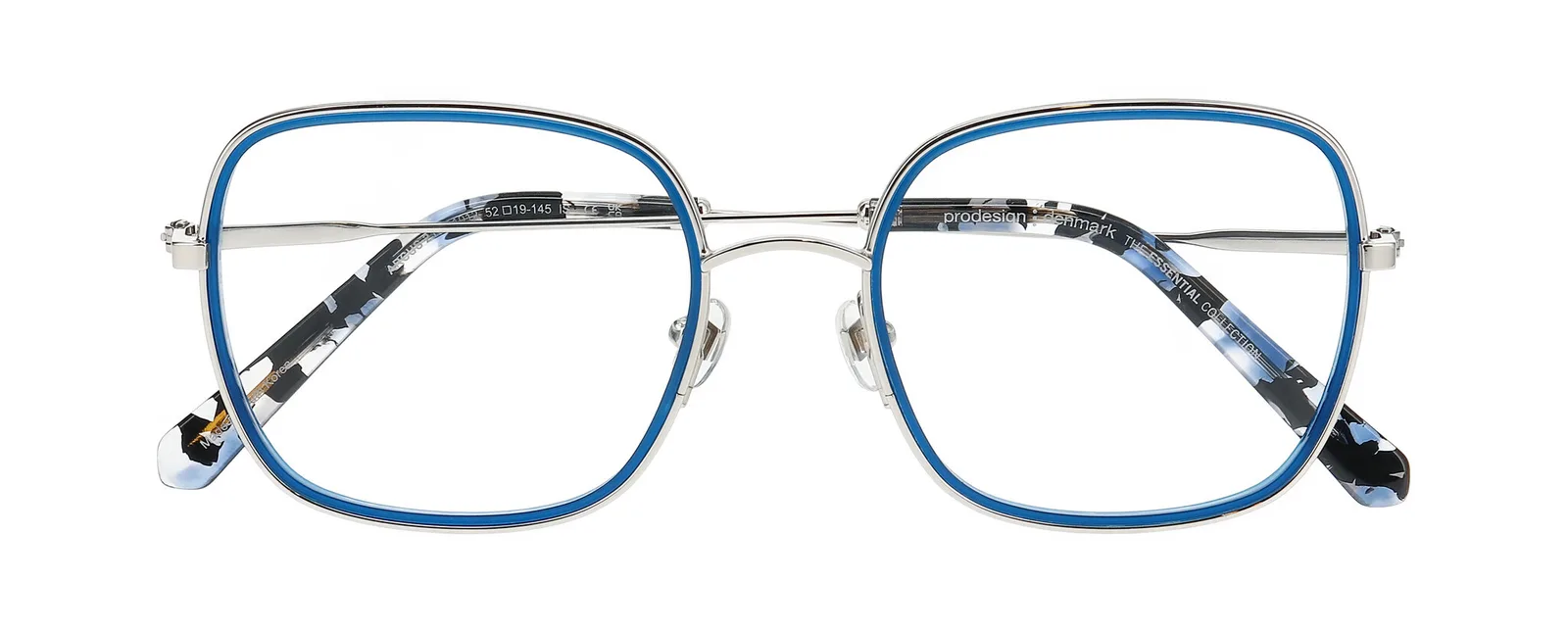Blue metal square optical frames with tortoiseshell patterned temples and silver accents