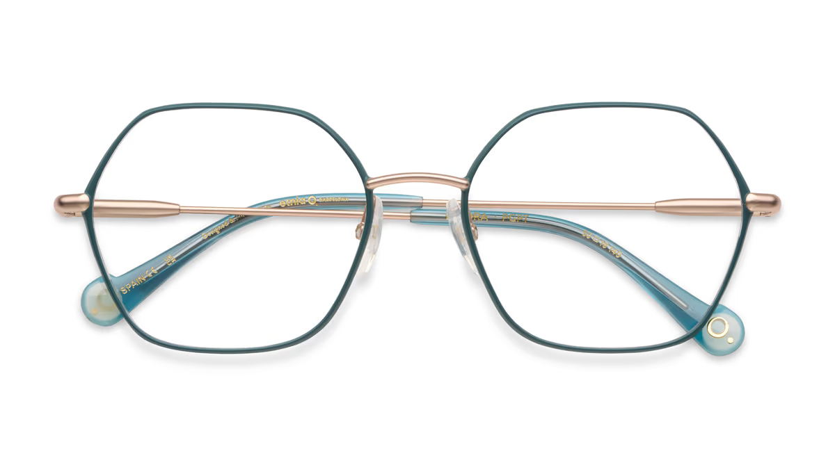 Teal blue and rose gold irregular geometric eyeglasses with metal temples and acetate front