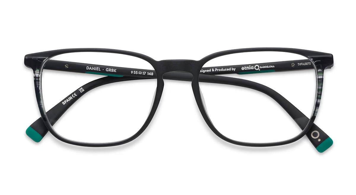 Black rectangular acetate optical frames with teal temple accents, Etnia Barcelona Daniel model