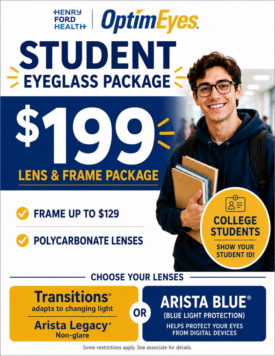 $199 Student Single Vision Lens & Frame Package! Available for all students, including college students!