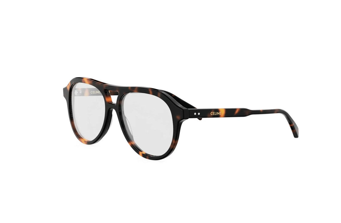 Shiny havana tortoiseshell acetate aviator optical frames with black accents, front three-quarter view