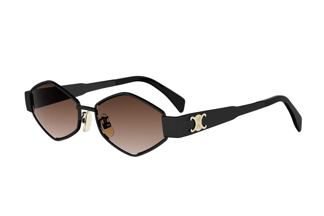 Black metal hexagonal sunglasses with gradient brown lenses and geometric frame design