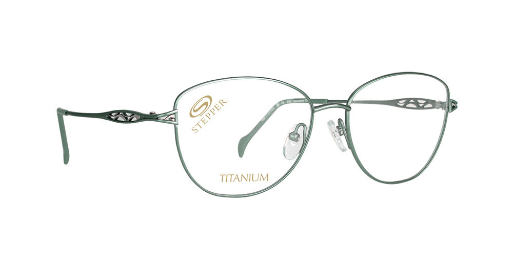 Sage grey metal square optical frames with titanium construction and decorative temple details