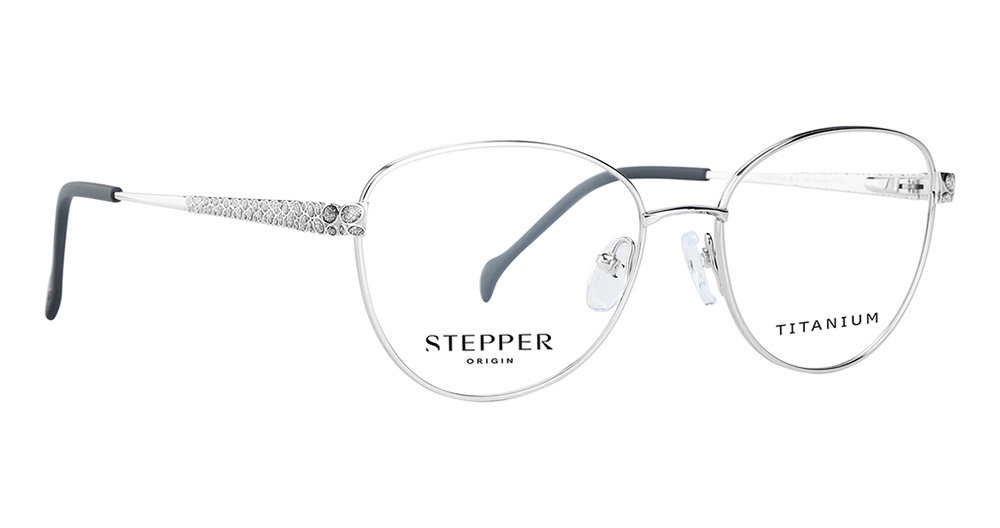 Silver metal round optical frames with textured temples and dark accent tips, Stepper brand