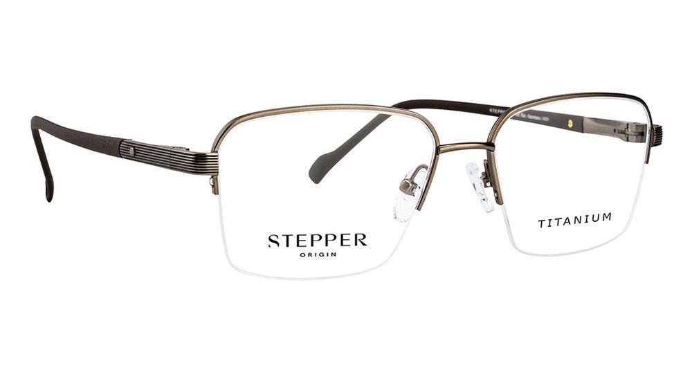 Brown metal semi-rimless square optical frames with black temple accents, Stepper brand
