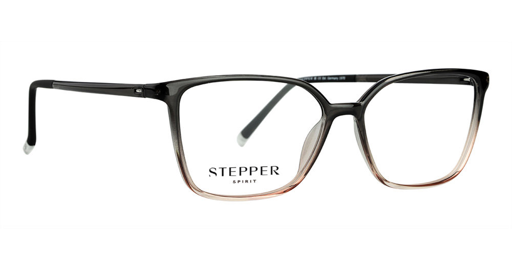 Grey-to-rose gradient acetate square eyeglasses with black upper bridge