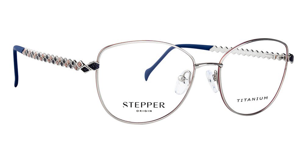 Silver titanium square optical frames with navy blue temple accents and textured details