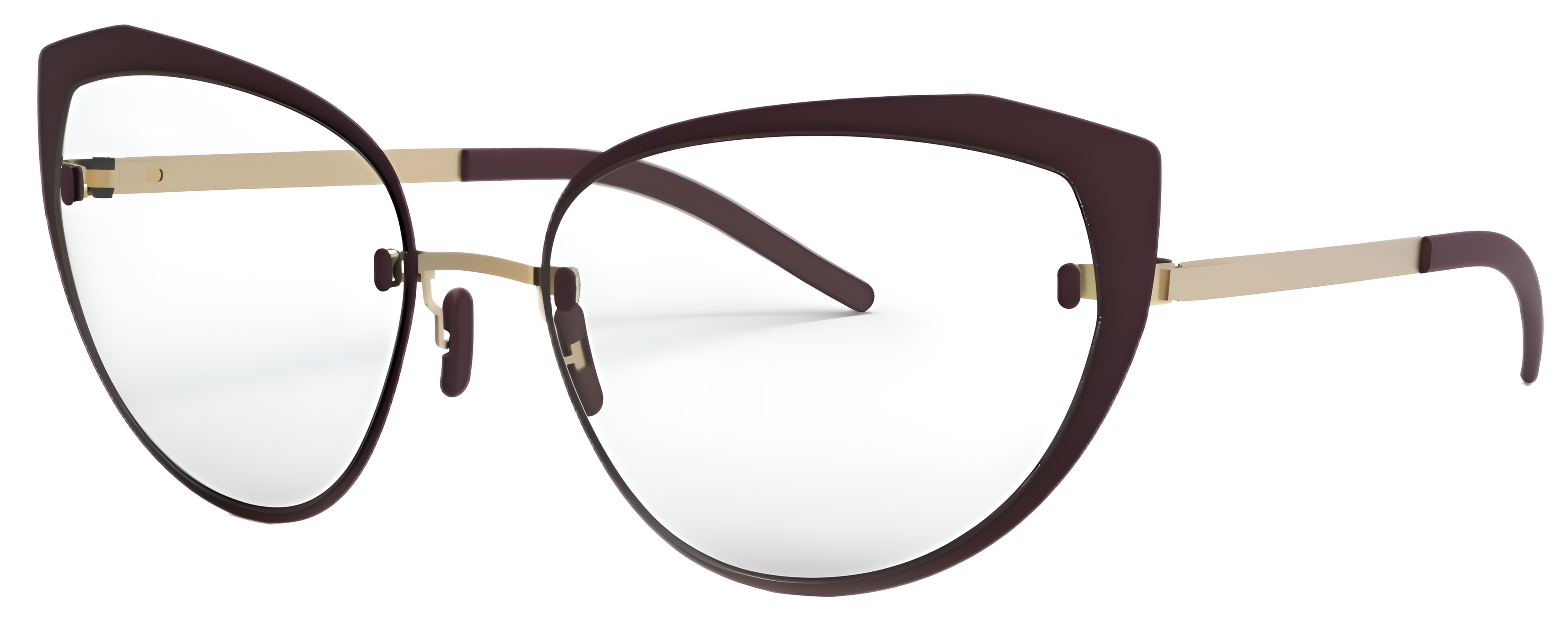 Wide cat-eye glasses with lifted outer corners, Space rim detail, slim metal elements, nose pads, and minimal bridge design.