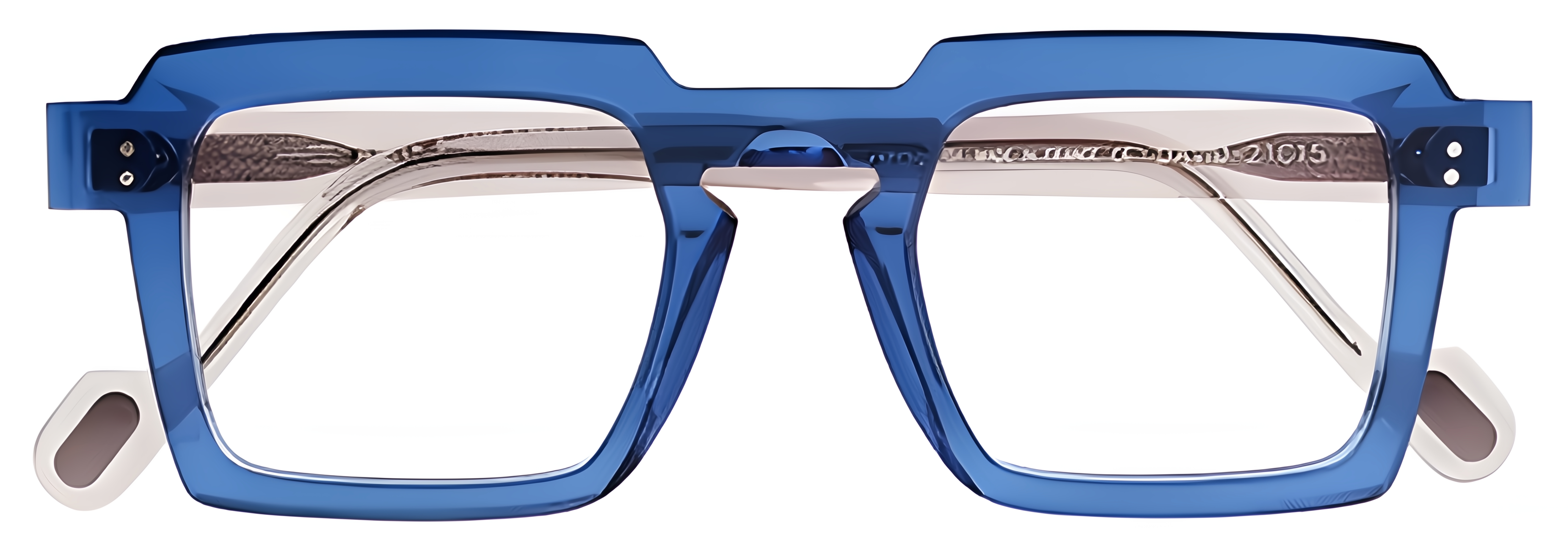 Translucent cobalt blue acetate glasses with smoky crystal temples, rectangular lenses, bold brow, and a keyhole bridge.