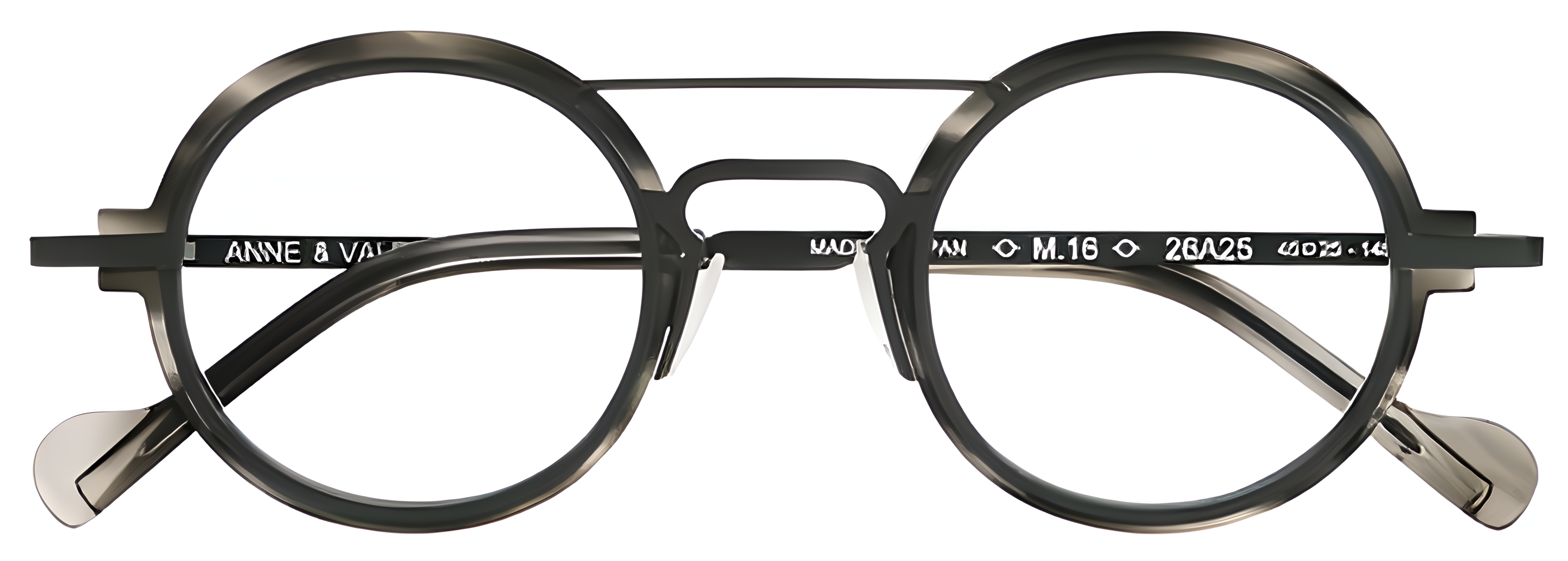 Compact round glasses with smoky gray acetate rings, dark green-gray titanium bridge and temples, and double bridge.