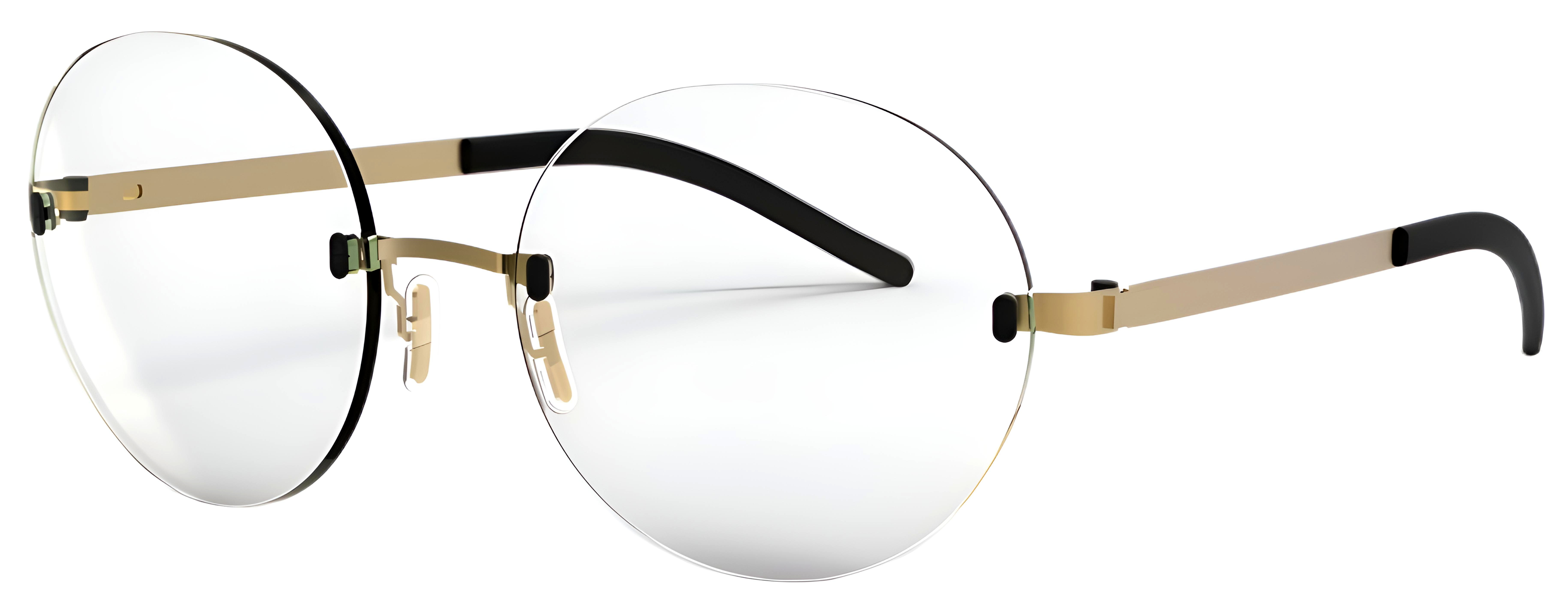 Rimless round glasses with slim metal details, nose pads, rounded lens edges, and minimal bridge design.