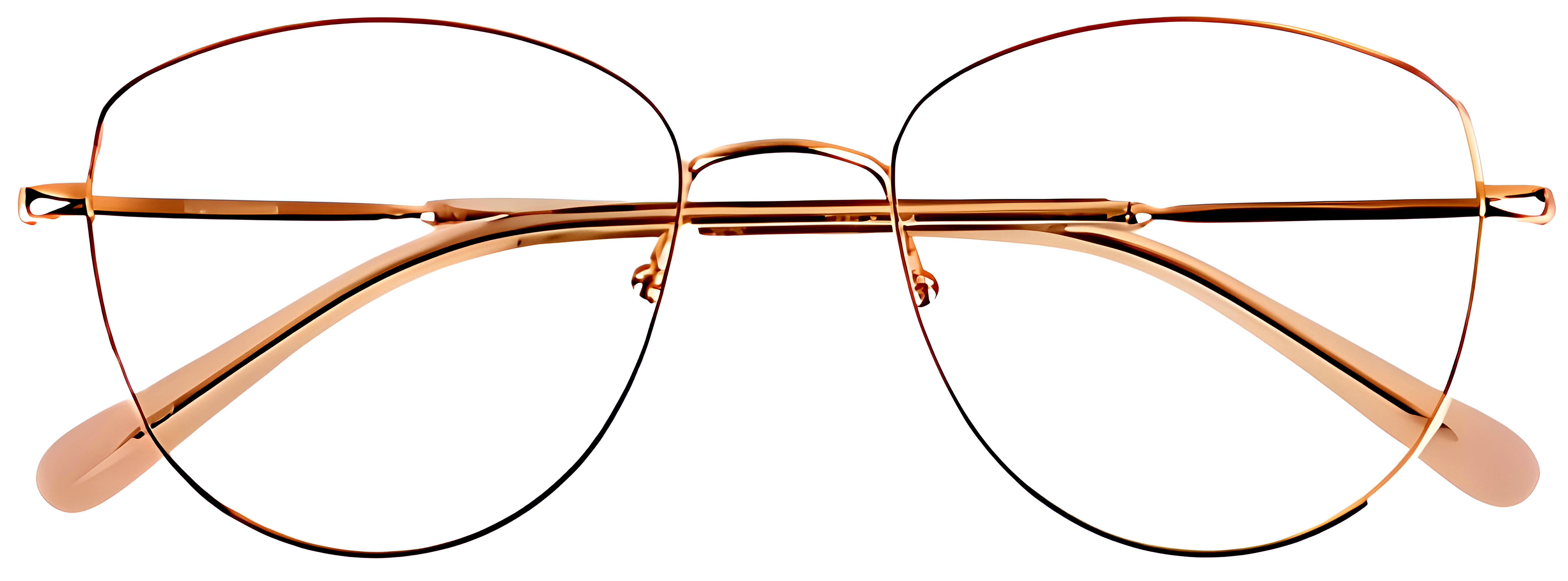 Oversized geometric gold metal frame with rounded lenses, a raised curved bridge, adjustable nose pads, and blush temple tips.