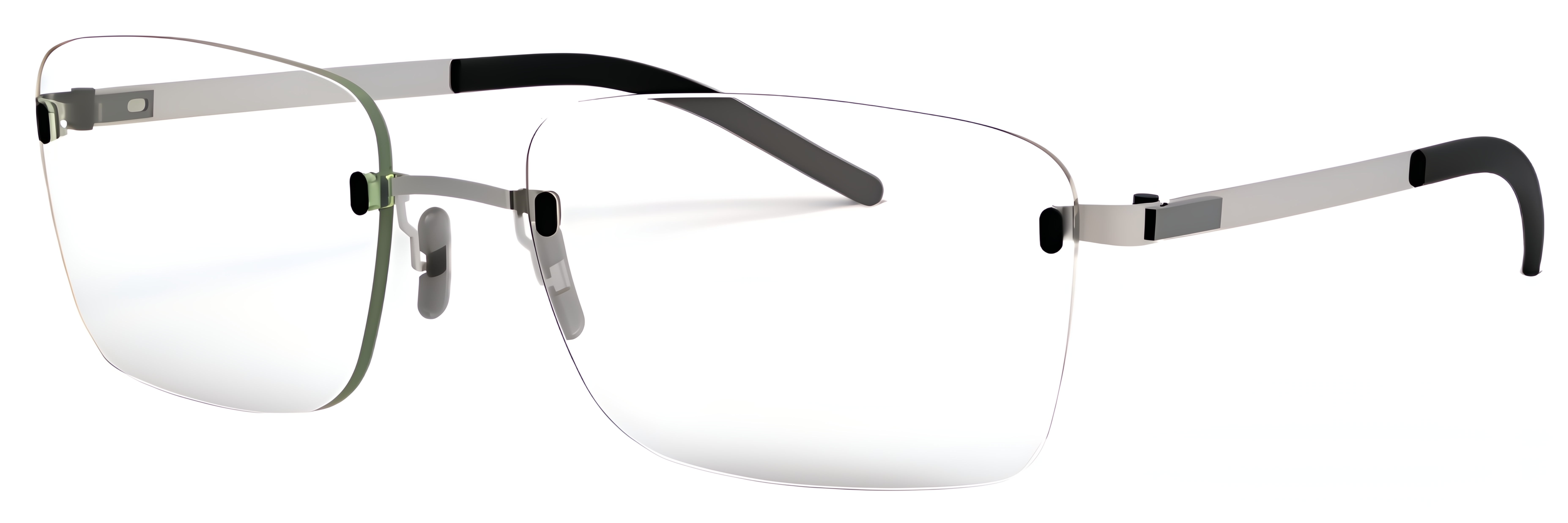 Rimless wide rectangular glasses with slim metal details, nose pads, clean lens edges, and minimal bridge design.