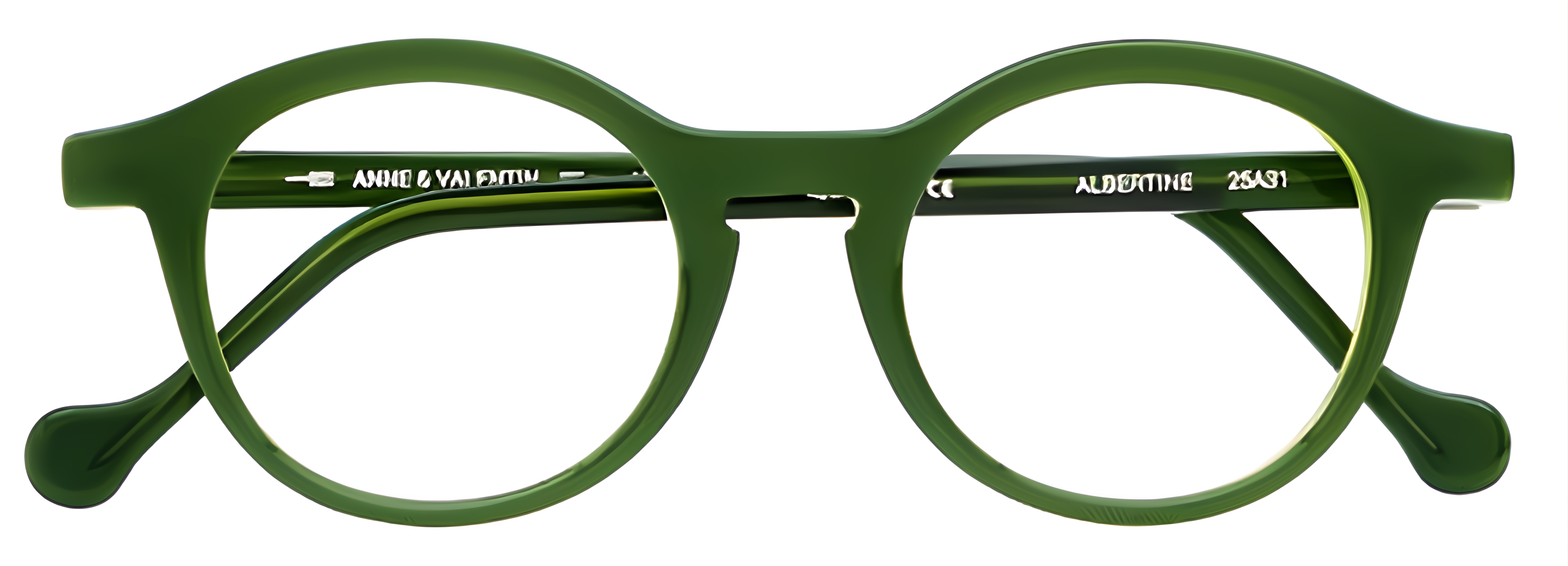 Olive green acetate glasses with chartreuse inner rim accents, rounded pantos lenses, high-set hinges, and a keyhole bridge.