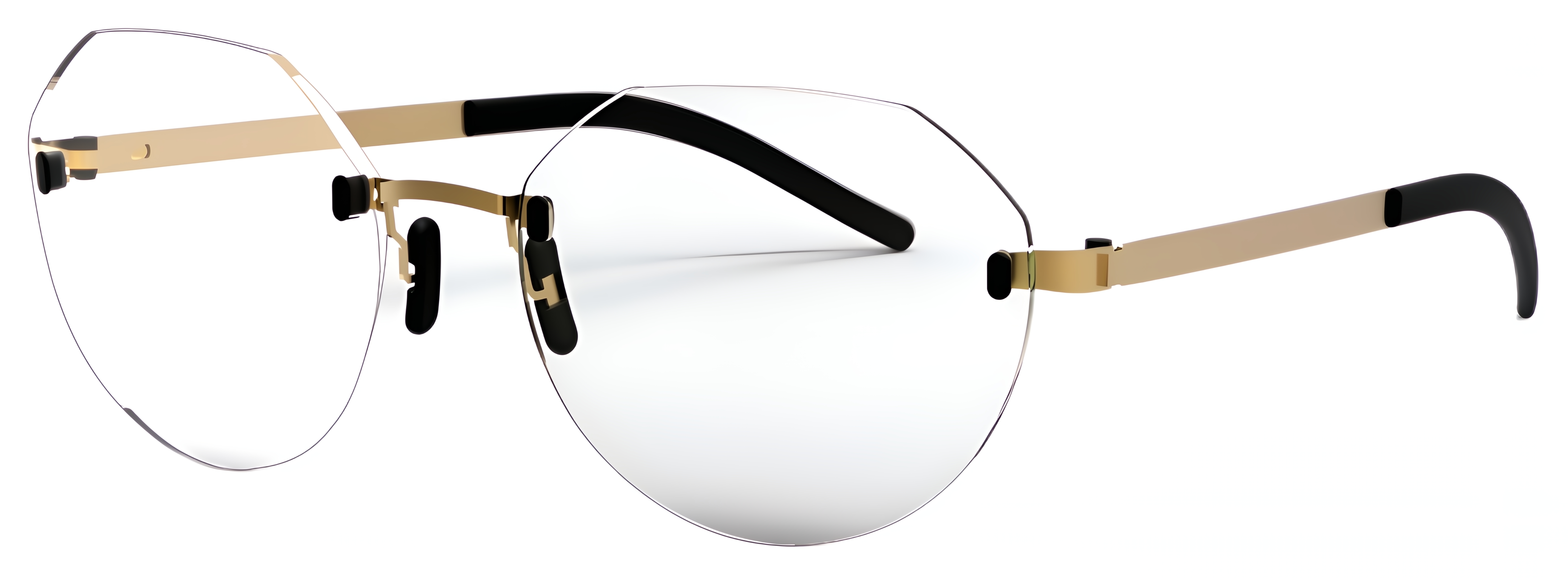 Rimless panto-inspired geometric glasses with slim metal details, nose pads, rounded angles, and minimal bridge design.