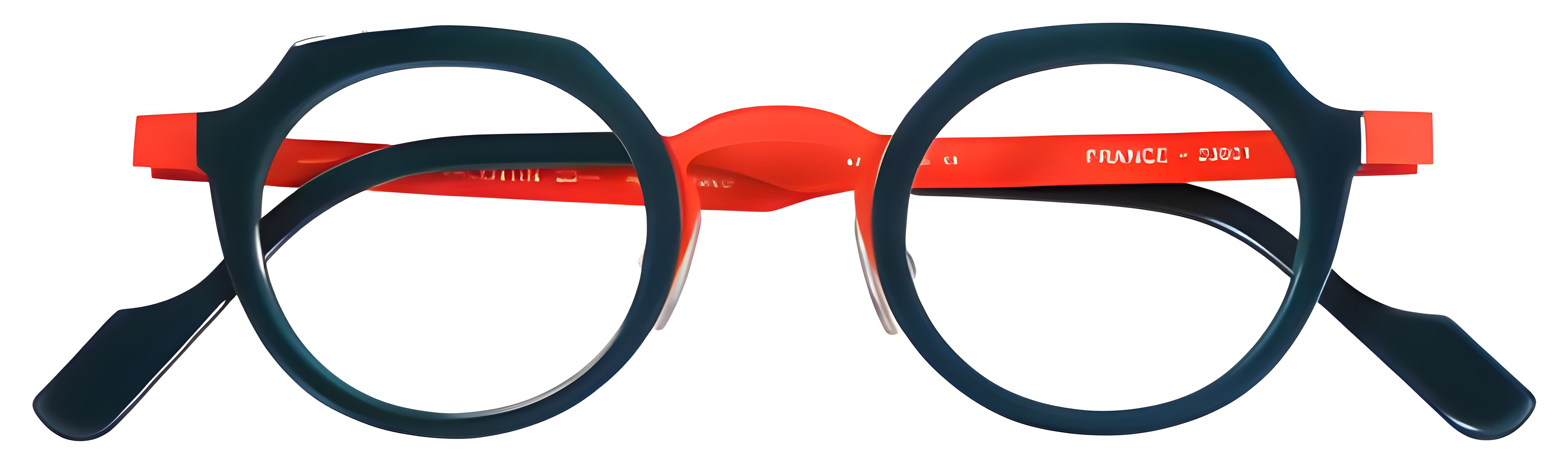 Deep teal acetate glasses with coral-orange metal, petite panto rims, rounded lenses, and a sculpted bridge.