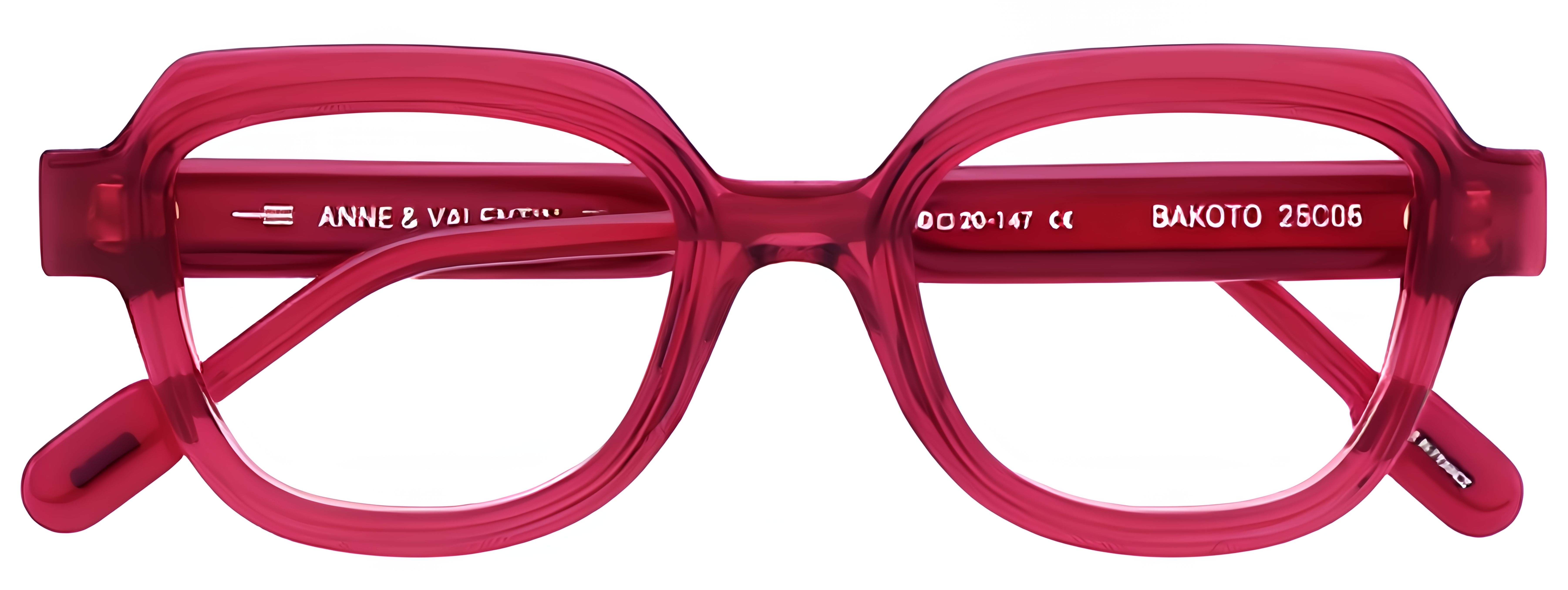 Raspberry-pink acetate glasses with trapezoid-butterfly rims, rounded lower contours, and high-set temples.