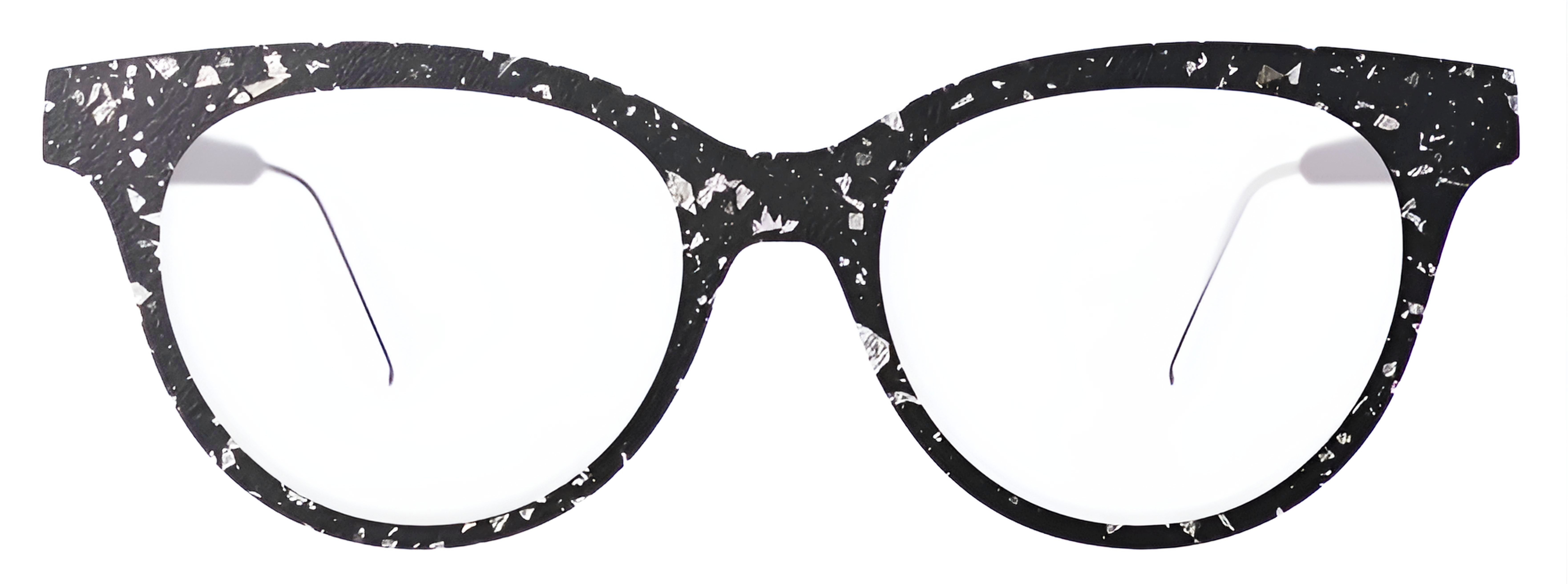 Black cat-eye layered birch frame with reflective silver flecks, a saddle bridge, and slim metal temples.