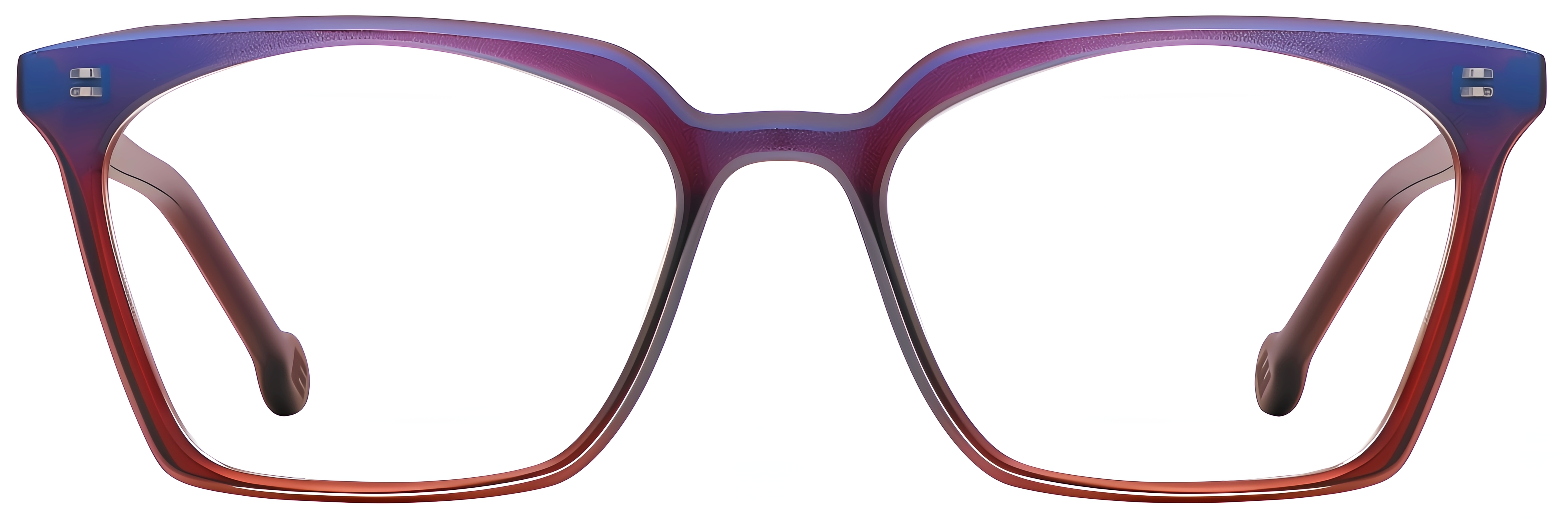 Square beetle-toned acetate glasses with cat-eye lift, geometric elements, and blue-purple to burgundy-red color.