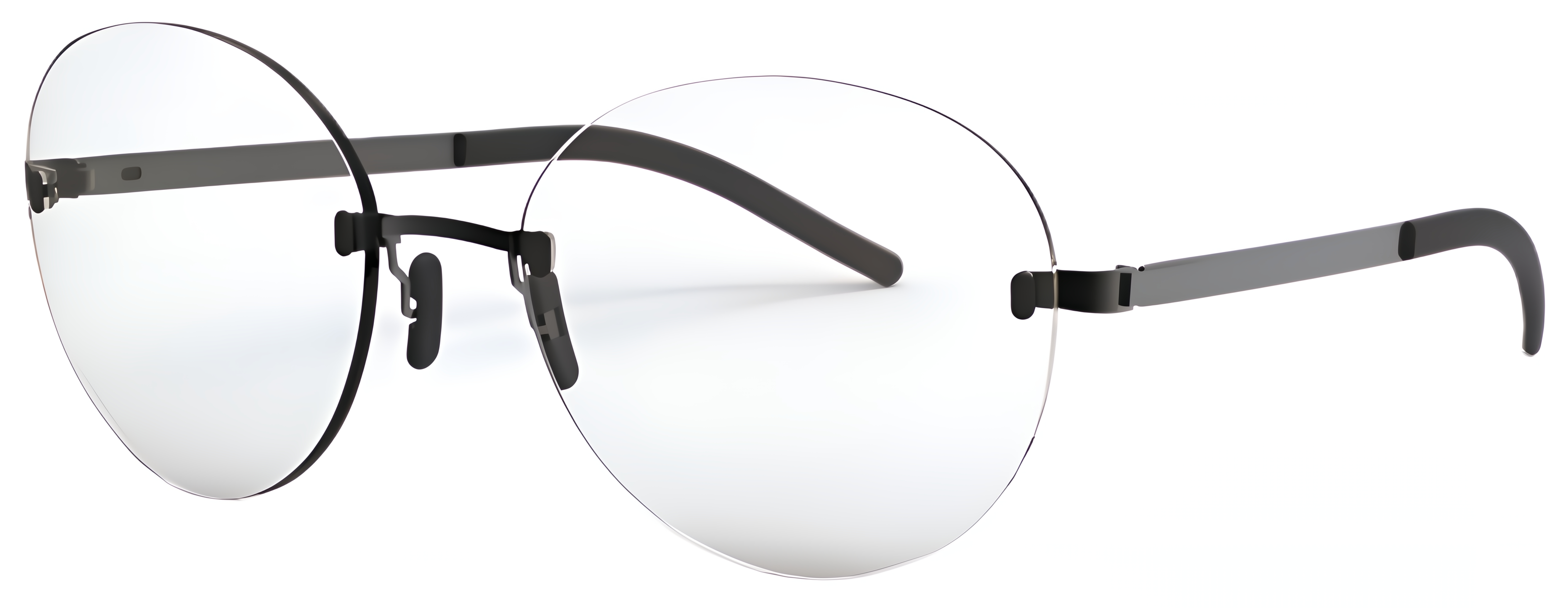 Rimless panto glasses with slim metal details, clear nose pads, rounded lenses, and minimal bridge design.