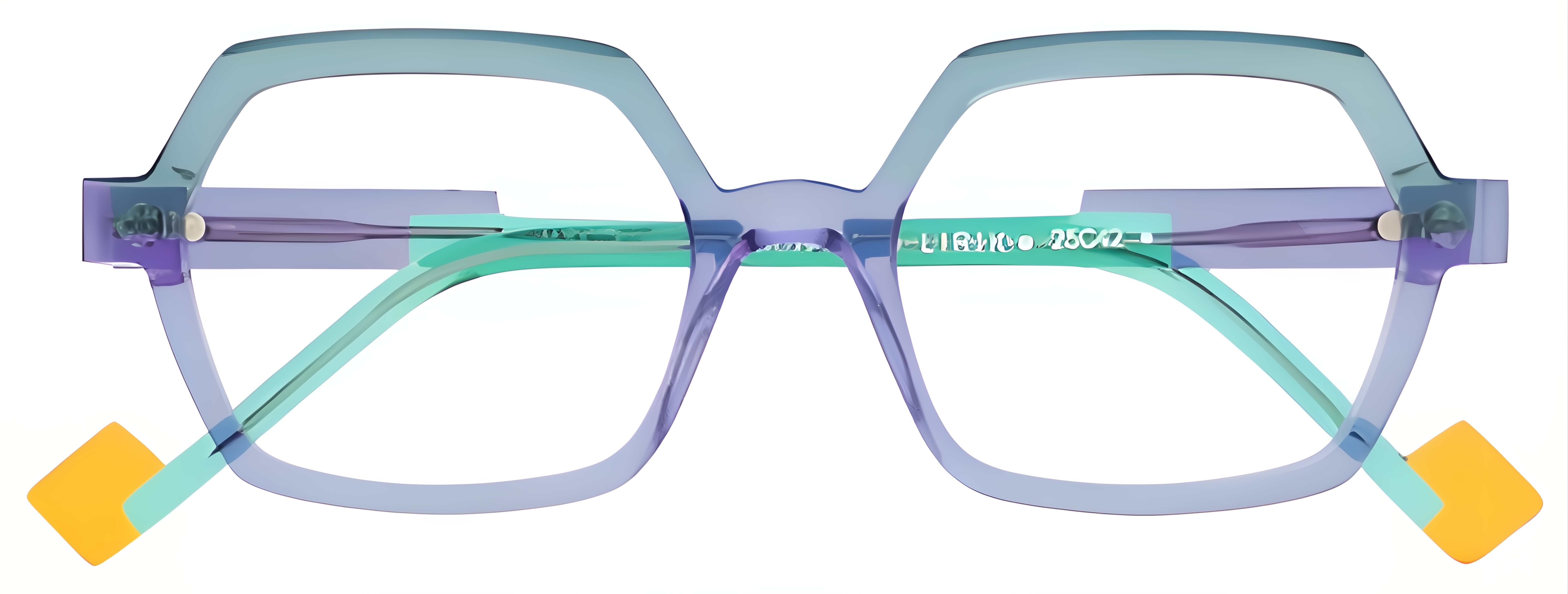 Geometric translucent lavender glasses with smoky teal brow accents, aqua temples, and amber-yellow tips.