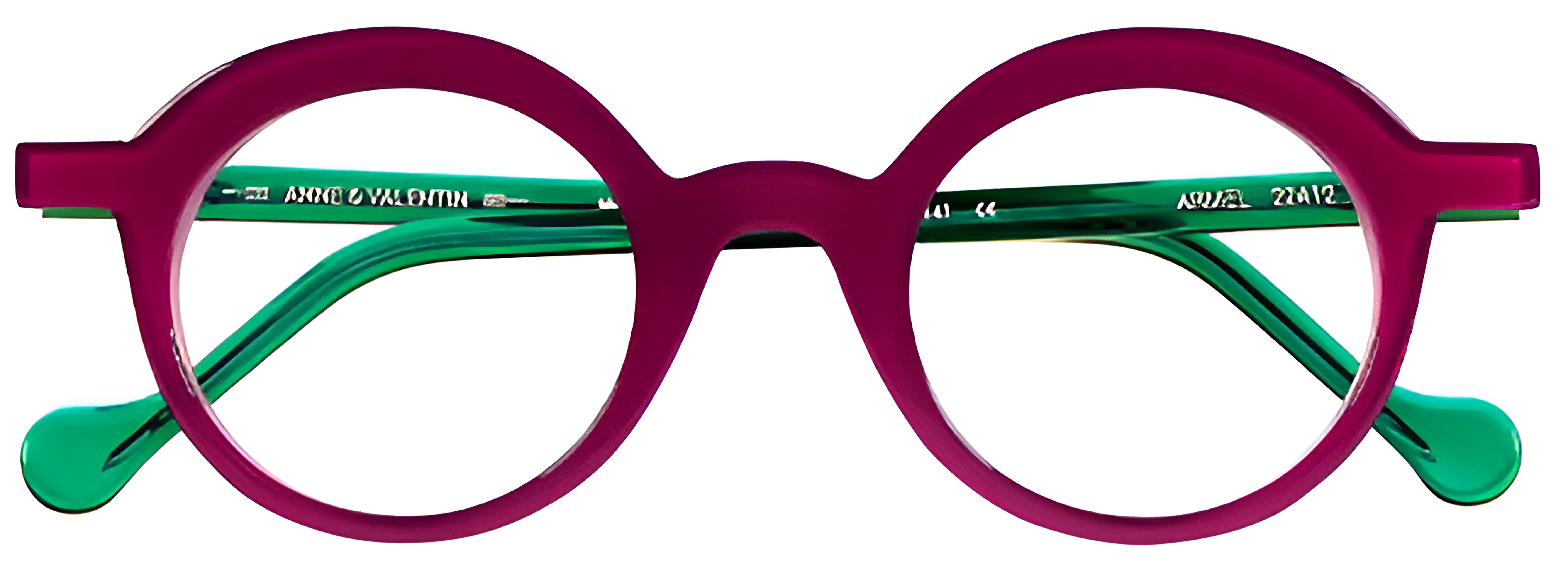Round berry-purple acetate glasses with translucent emerald green temples, green inner rims, and a saddle bridge